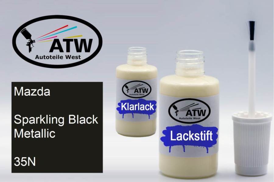 Mazda, Sparkling Black Metallic, 35N: 20ml Lackstift + 20ml Klarlack - Set, von ATW Autoteile West.